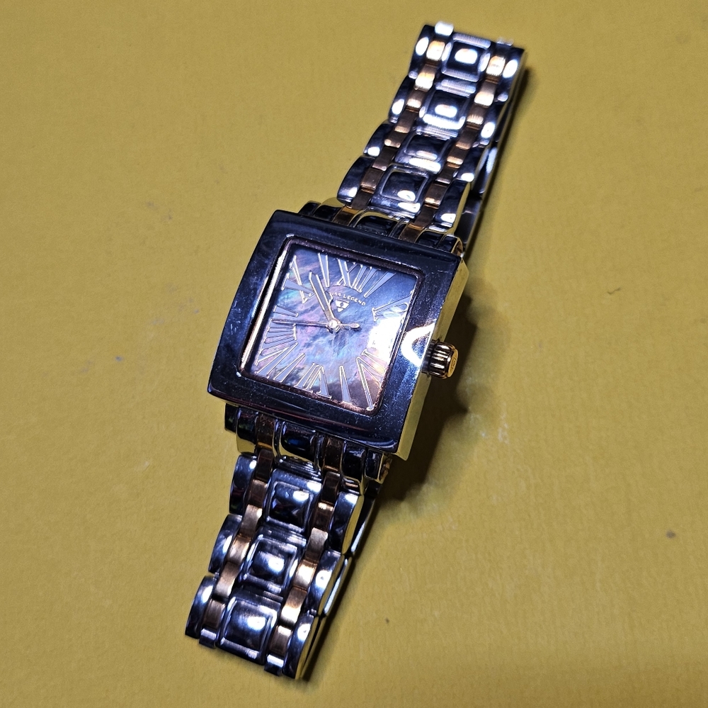 NEW Swiss Legend Silver Gold Square Black Mother of Pearl Face Watch Bracelet